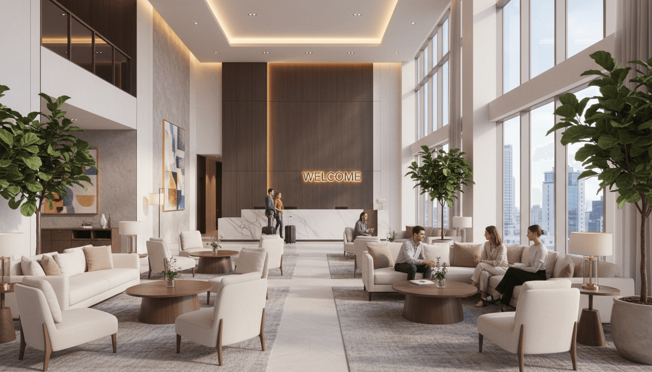 Bright, welcoming reception area at a budget-friendly guesthouse with warm lighting